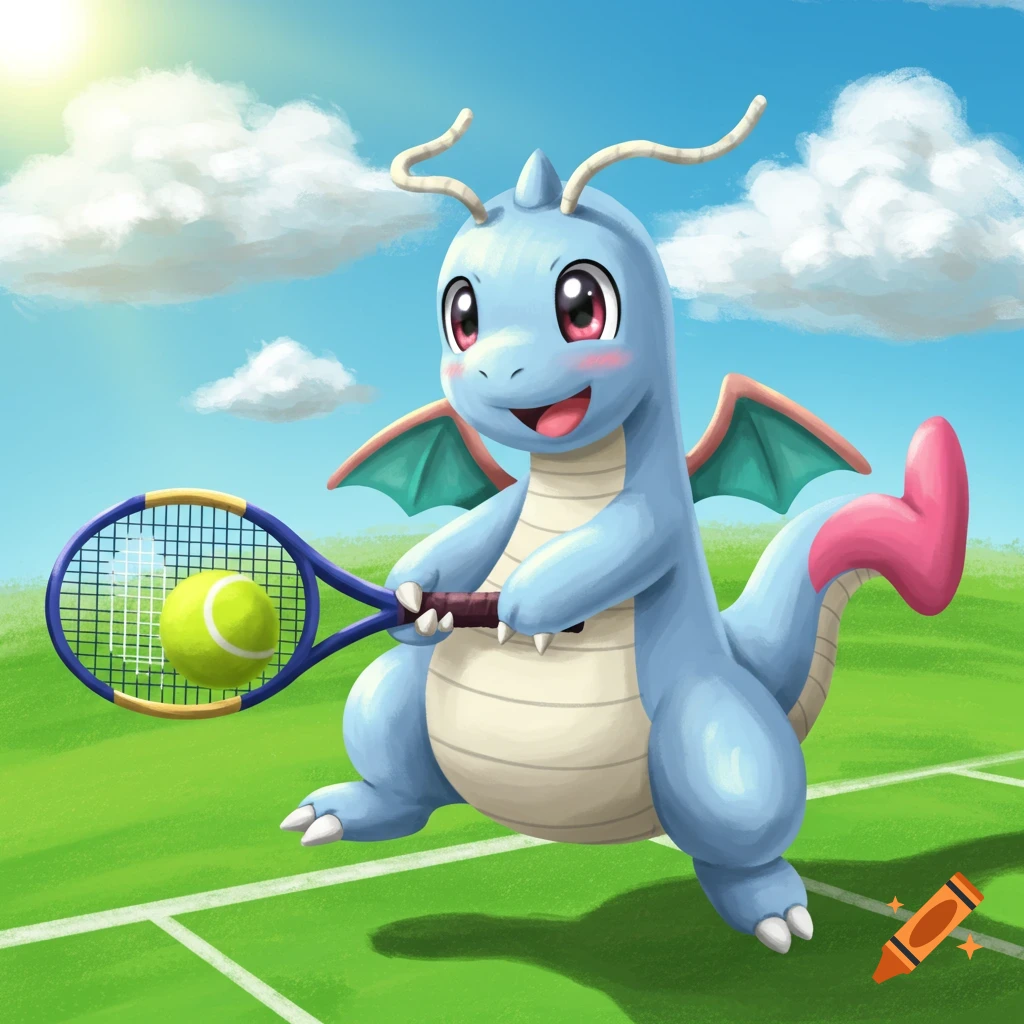 A cute Dragonite playing tennis on a court.