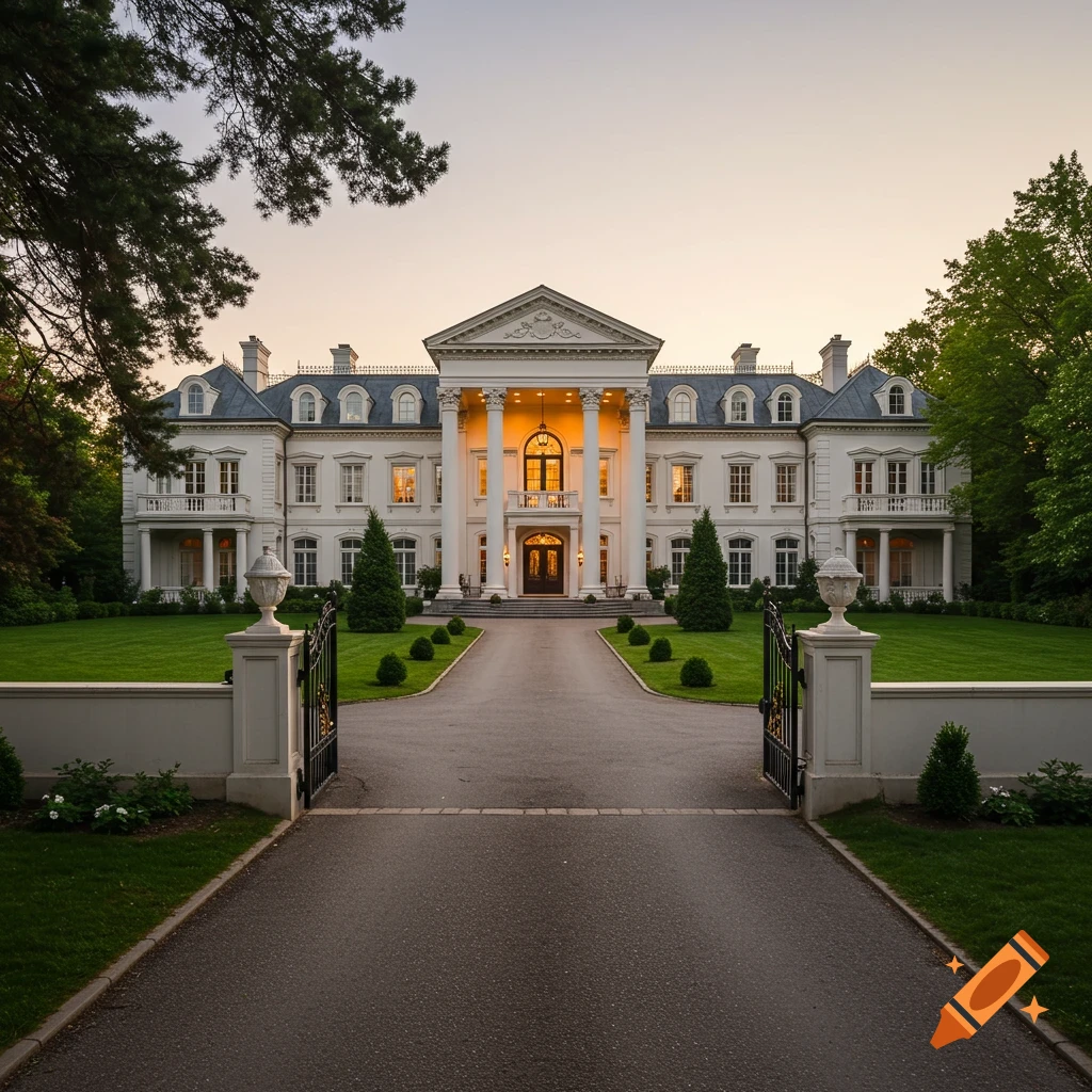 A grand white mansion with columns and a sweeping driveway at sunset.