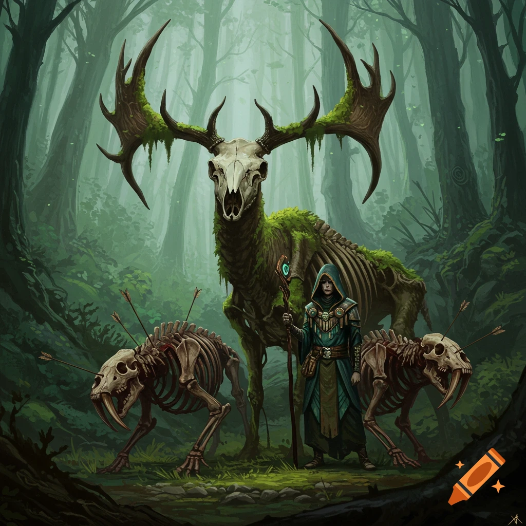 A skeleton elk with mossy antlers, two skeleton saber-tooths with arrows, and a hooded figure are in a forest.