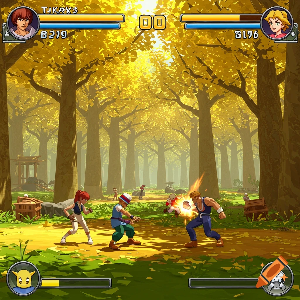 Fighting game match in a yellow ginkgo forest with UI elements.
