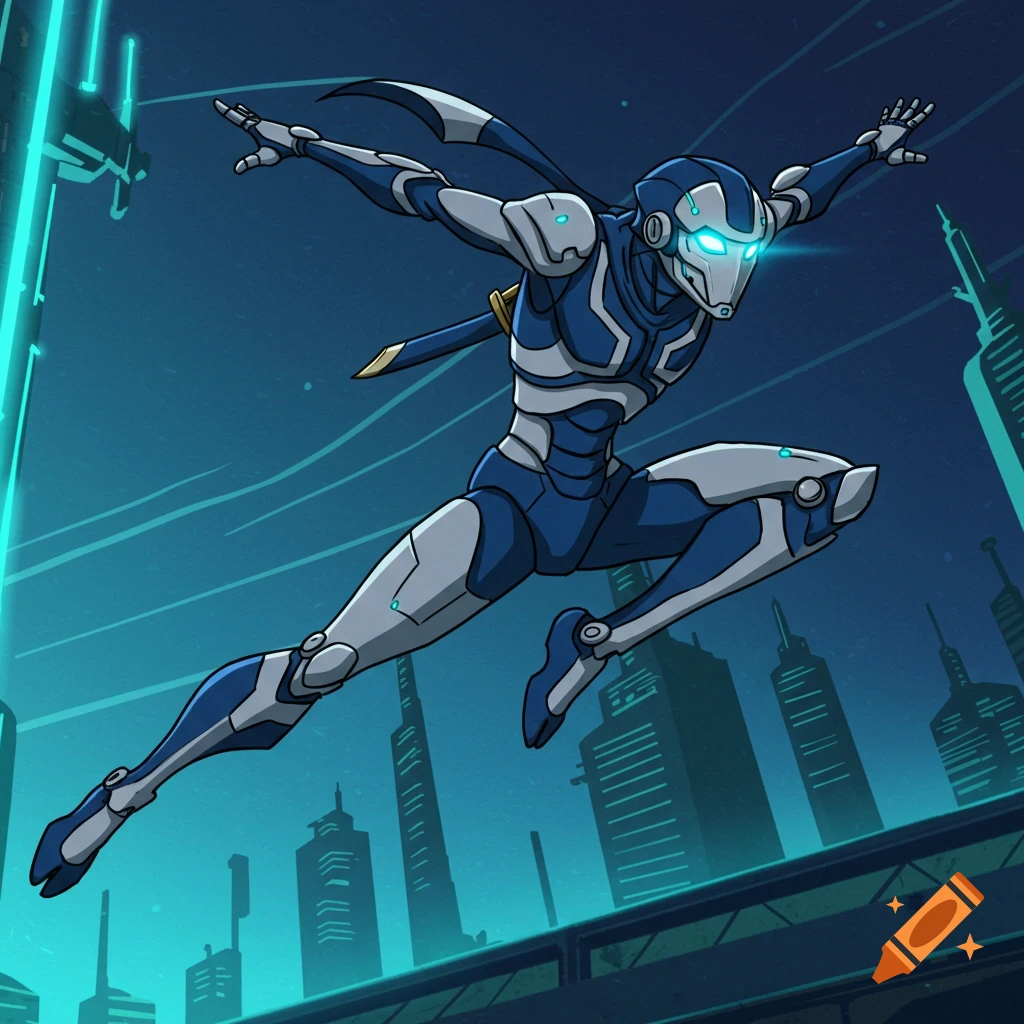 A blue and white futuristic ninja android leaps across a cityscape in a cartoon style.