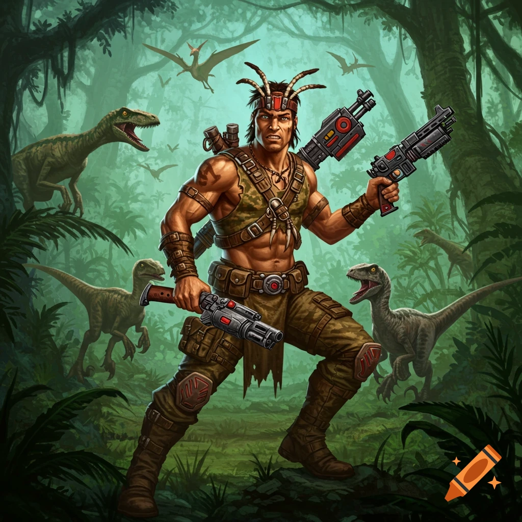 A muscular hunter with guns is fighting dinosaurs in a jungle.