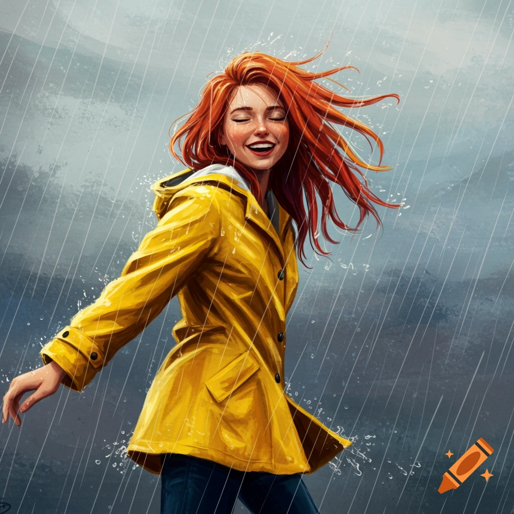 A woman with red hair in a yellow raincoat dances happily in the rain.