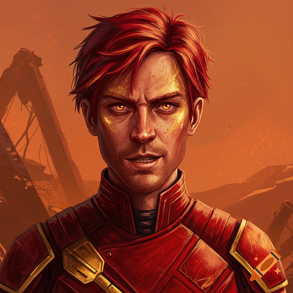 A man with red hair, glowing eyes, and red armor standing in ruins.