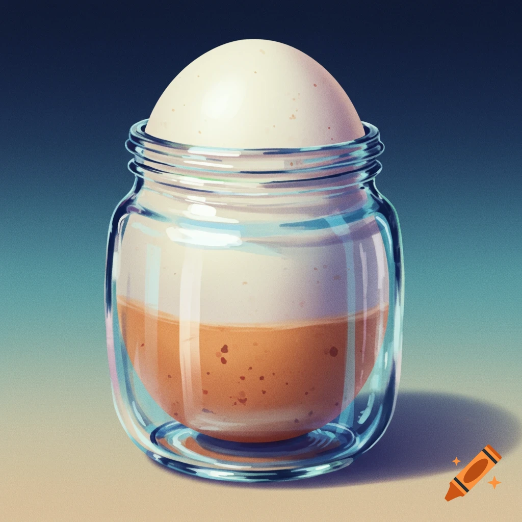 An egg inside a glass jar.