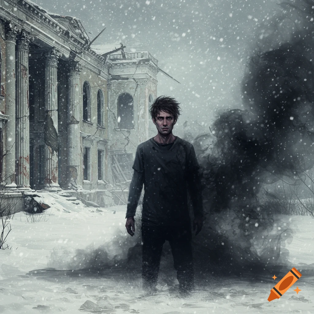 A man stands in the snow in front of a destroyed building, surrounded by black mist and swirling snow.