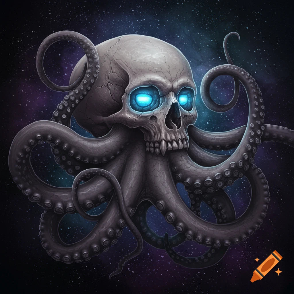 A skull with octopus tentacles and blue glowing eyes in space