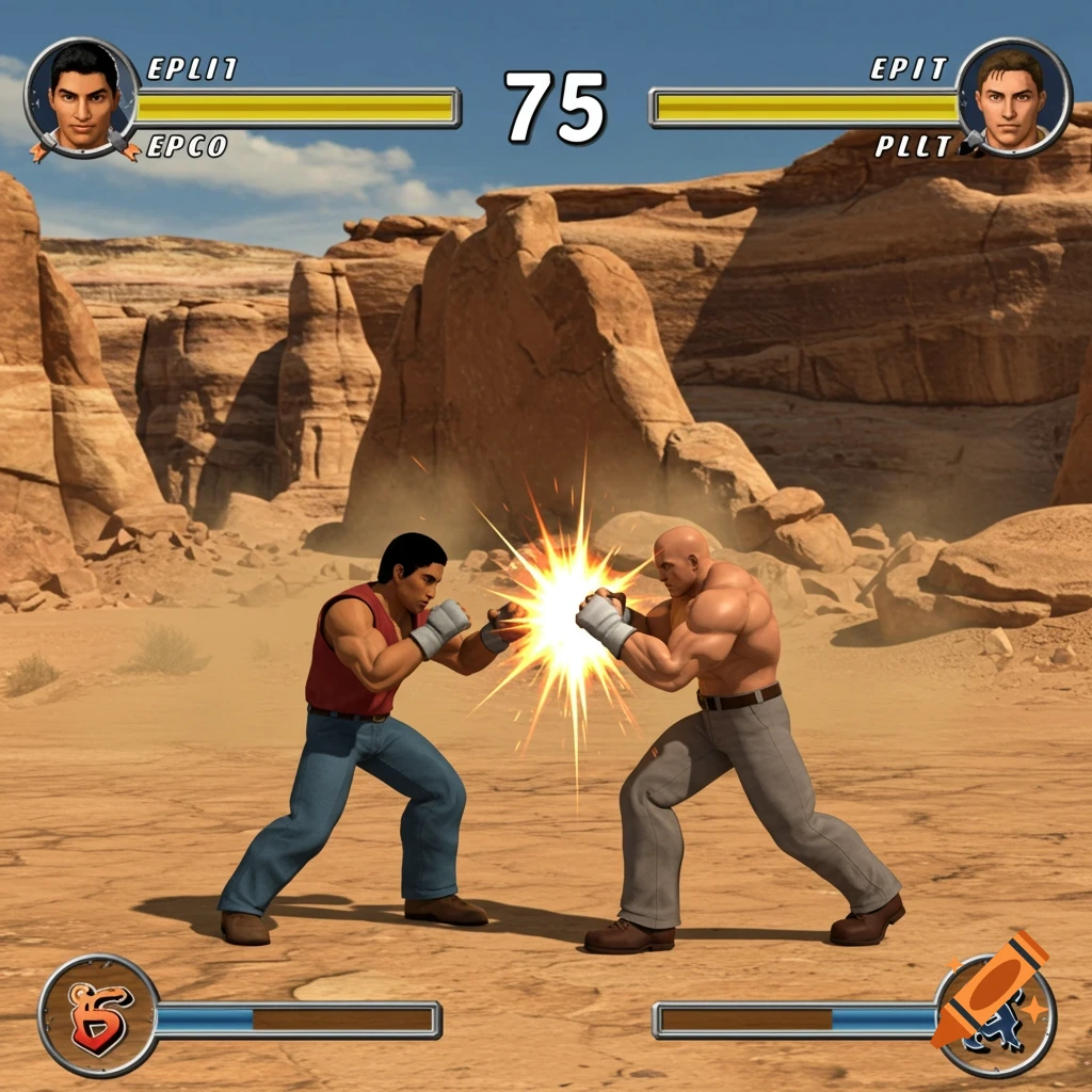 Screenshot of a 3D PS2-era fighting game with two fighters punching in a desert canyon landscape, showing health bars and score.