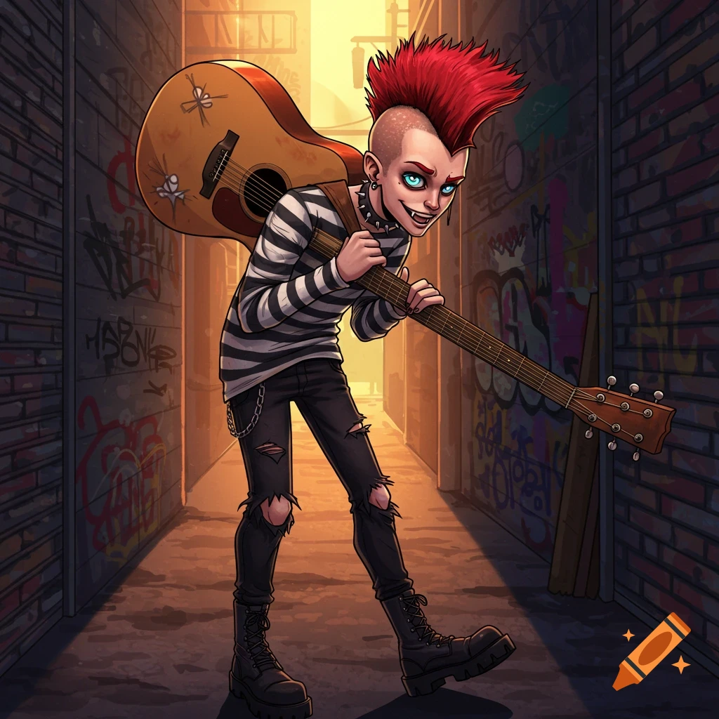 Cartoonish punk person with a red mohawk and ripped clothes walks through a graffiti-covered alley carrying a guitar.