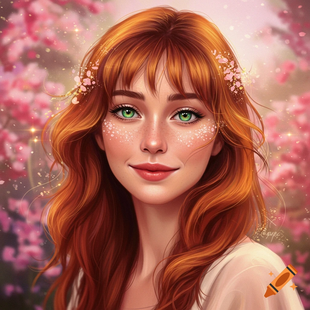 A smiling woman with red hair and green eyes is surrounded by pink flowers.
