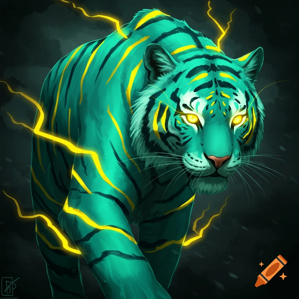 A teal tiger with yellow stripes and glowing eyes, surrounded by lightning.