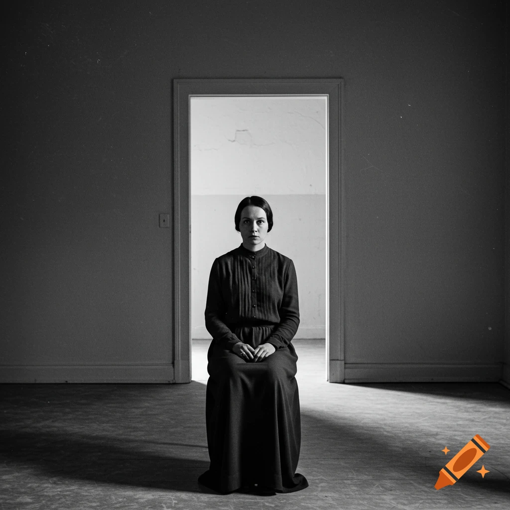 A woman in a dress sits in a barren room with a doorway behind her, in a black and white photograph.