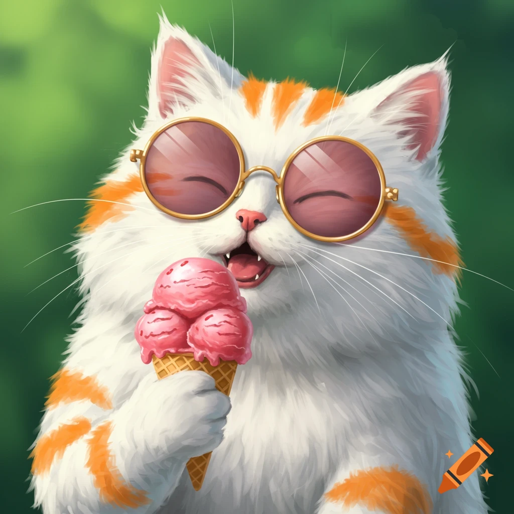 A white cat with orange stripes is wearing sunglasses and eating ice cream.