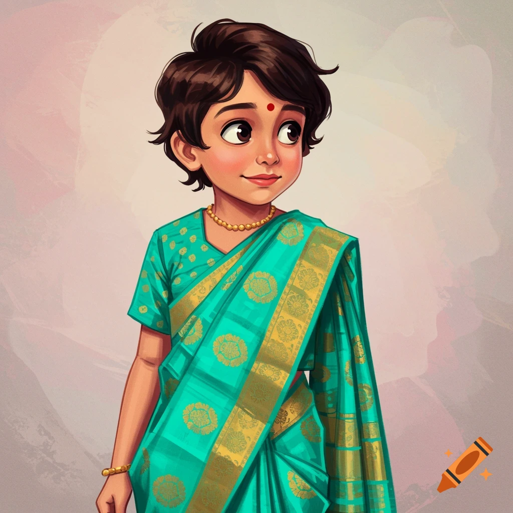 Illustration of a young person in a green and gold sari with gold jewelry and bindi, looking right.