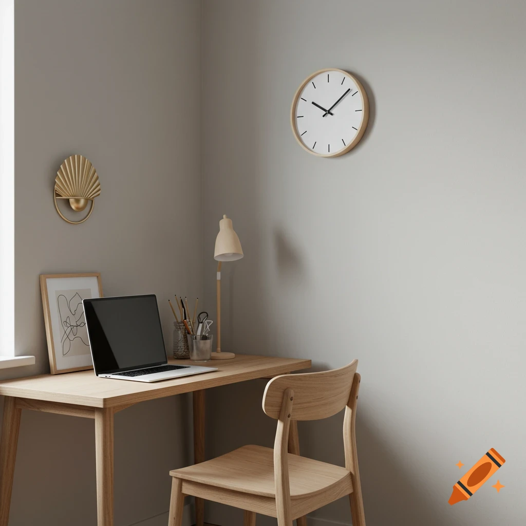 Minimalist home office corner with wooden desk, chair, laptop, lamp, and clock.
