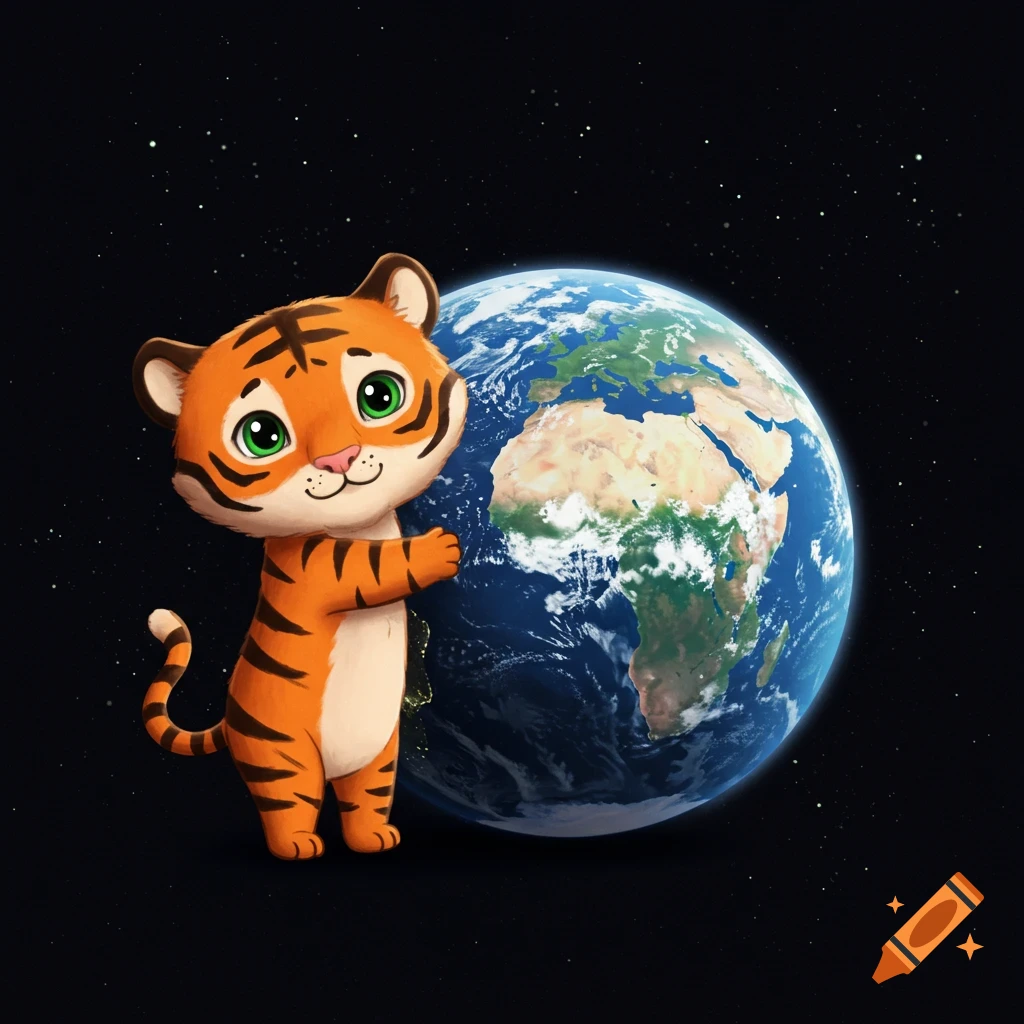 A cute cartoon tiger stands on its hind legs hugging the planet Earth in space.