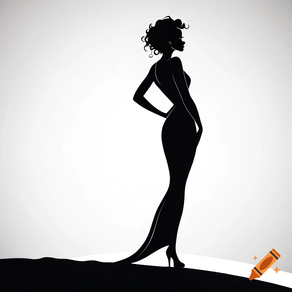 Black silhouette of a woman in a long dress with hand on hip.