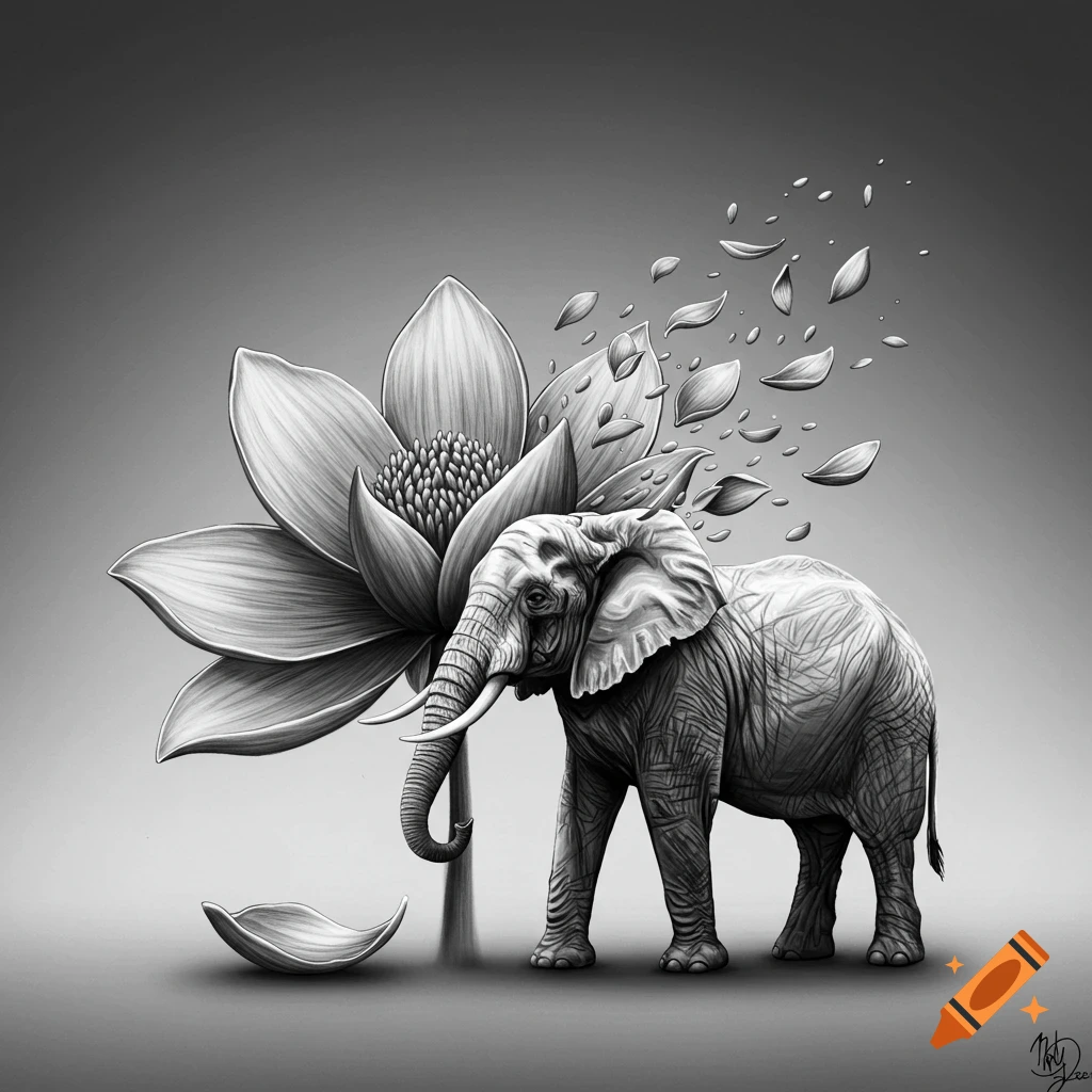 Black and white illustration of an elephant next to a large lotus flower, with petals transforming into the elephant.