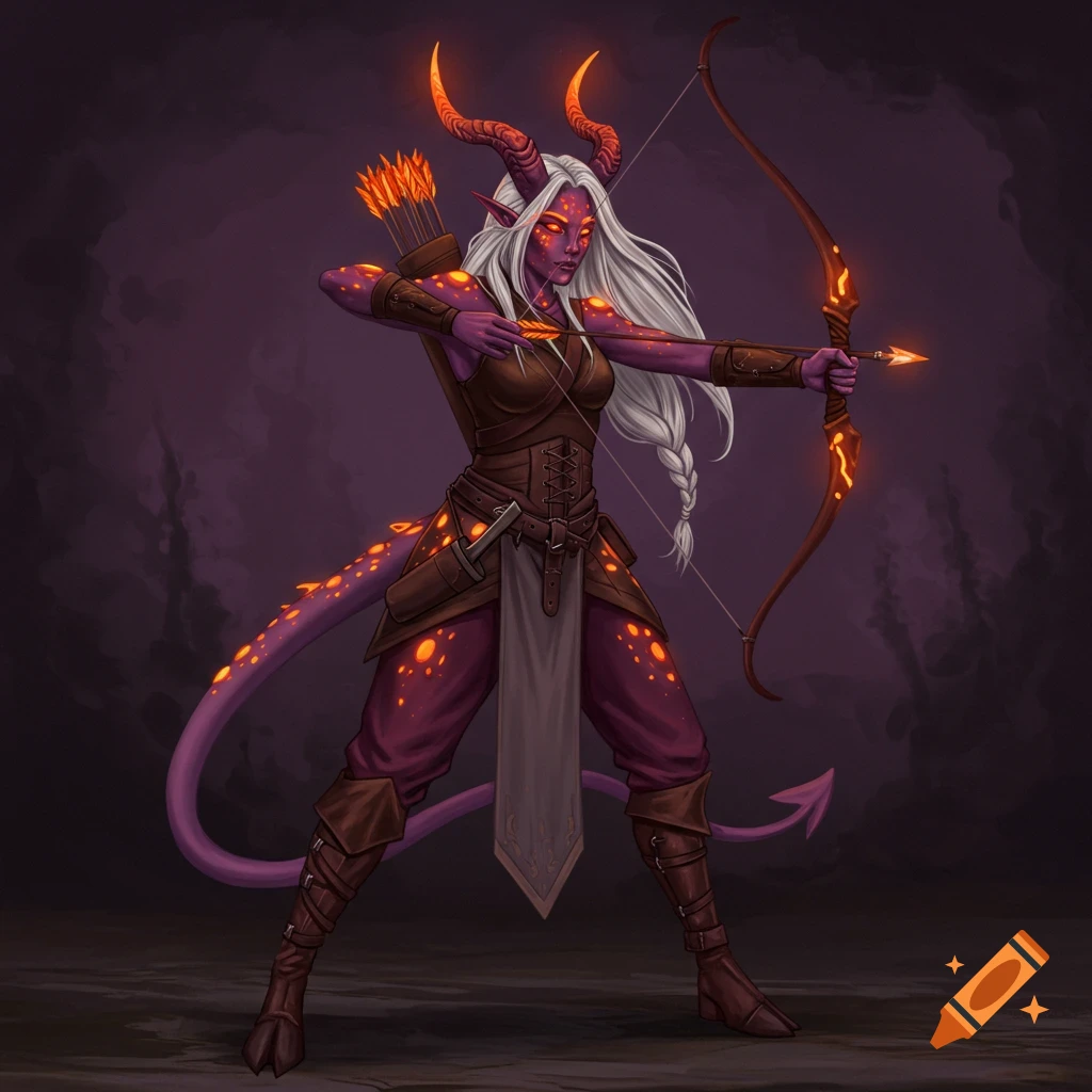 A purple-skinned tiefling archer with glowing horns and spots, aiming a bow and arrow.