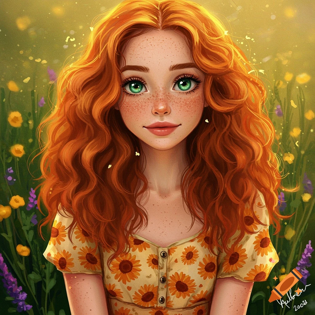 A redhead girl with freckles and green eyes is wearing a sunflower dress in a field of flowers.