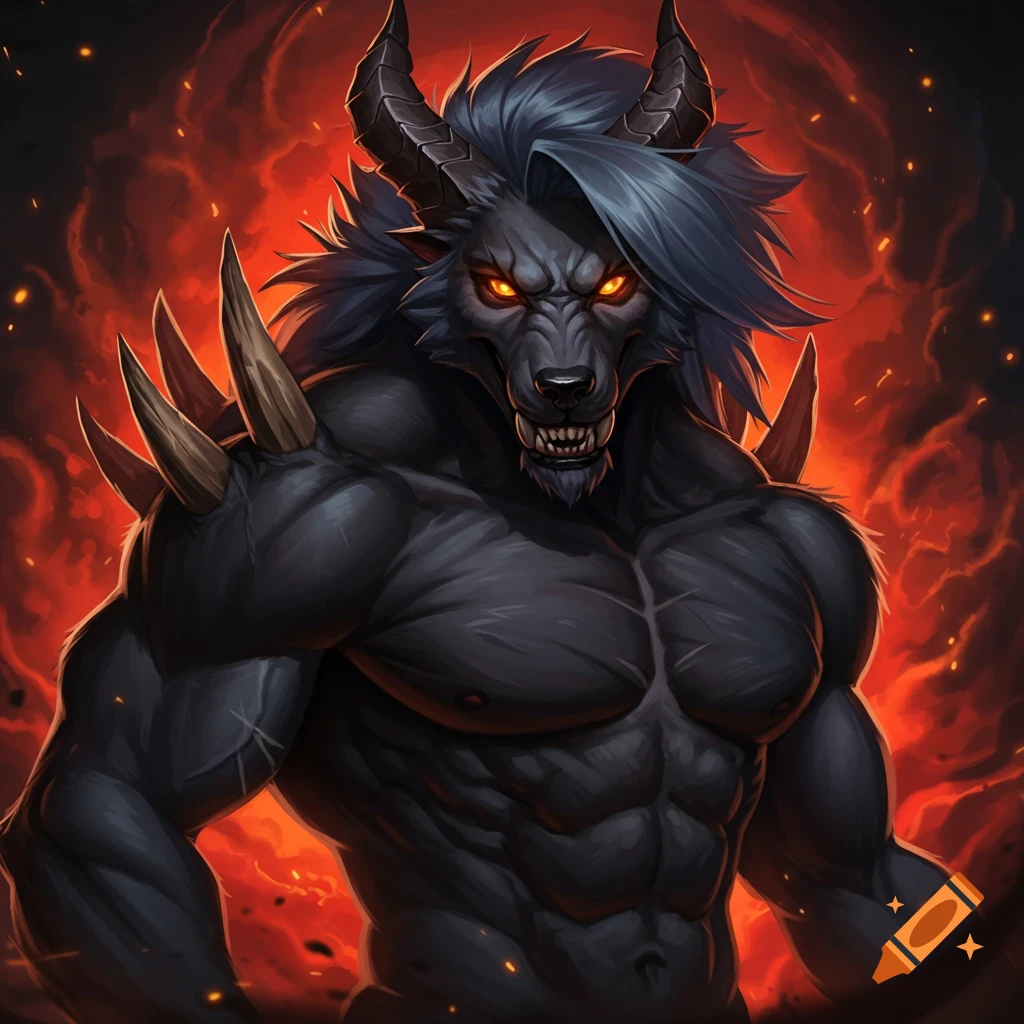 A muscular, grey, demonic creature with horns and glowing eyes stands against a fiery red background.