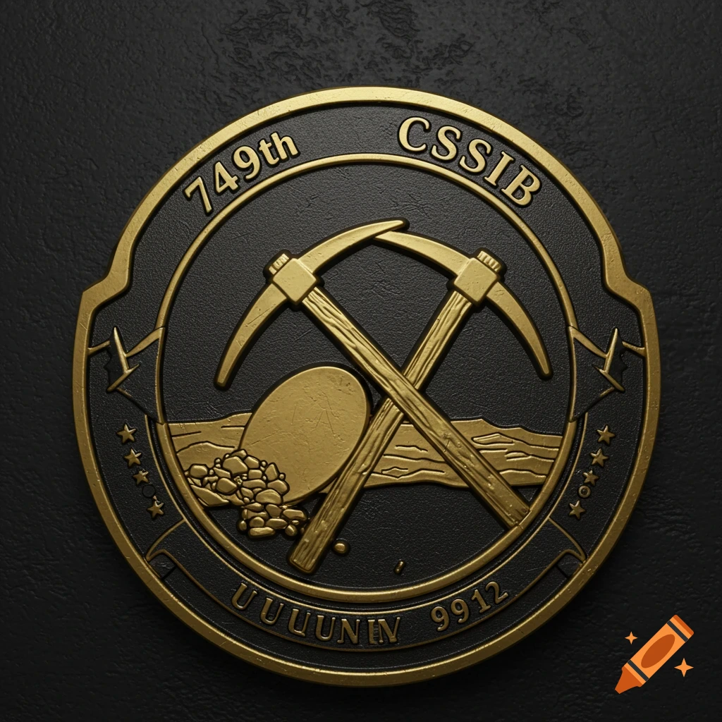 A detailed 3D render of a black and gold challenge coin with crossed pickaxes and text.