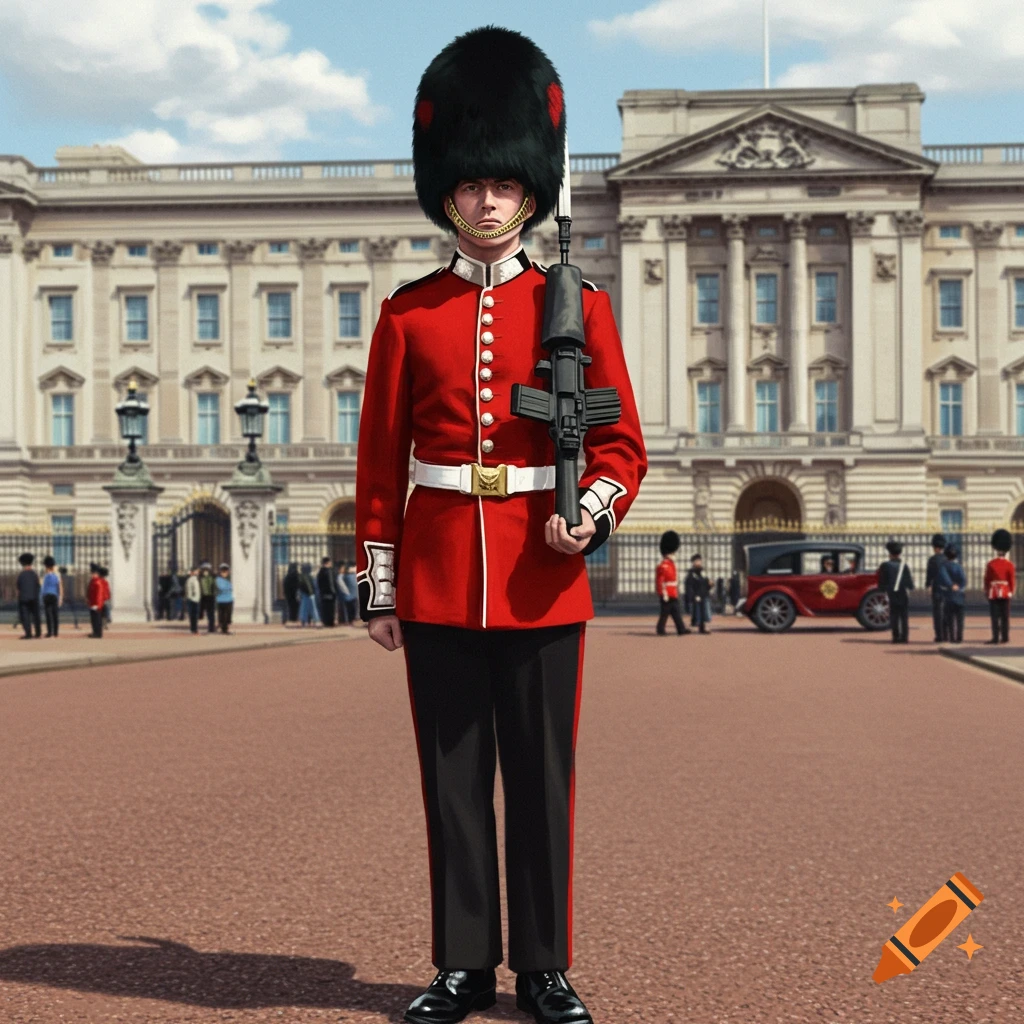 A British Guardsman in red uniform standing outside Buckingham Palace.