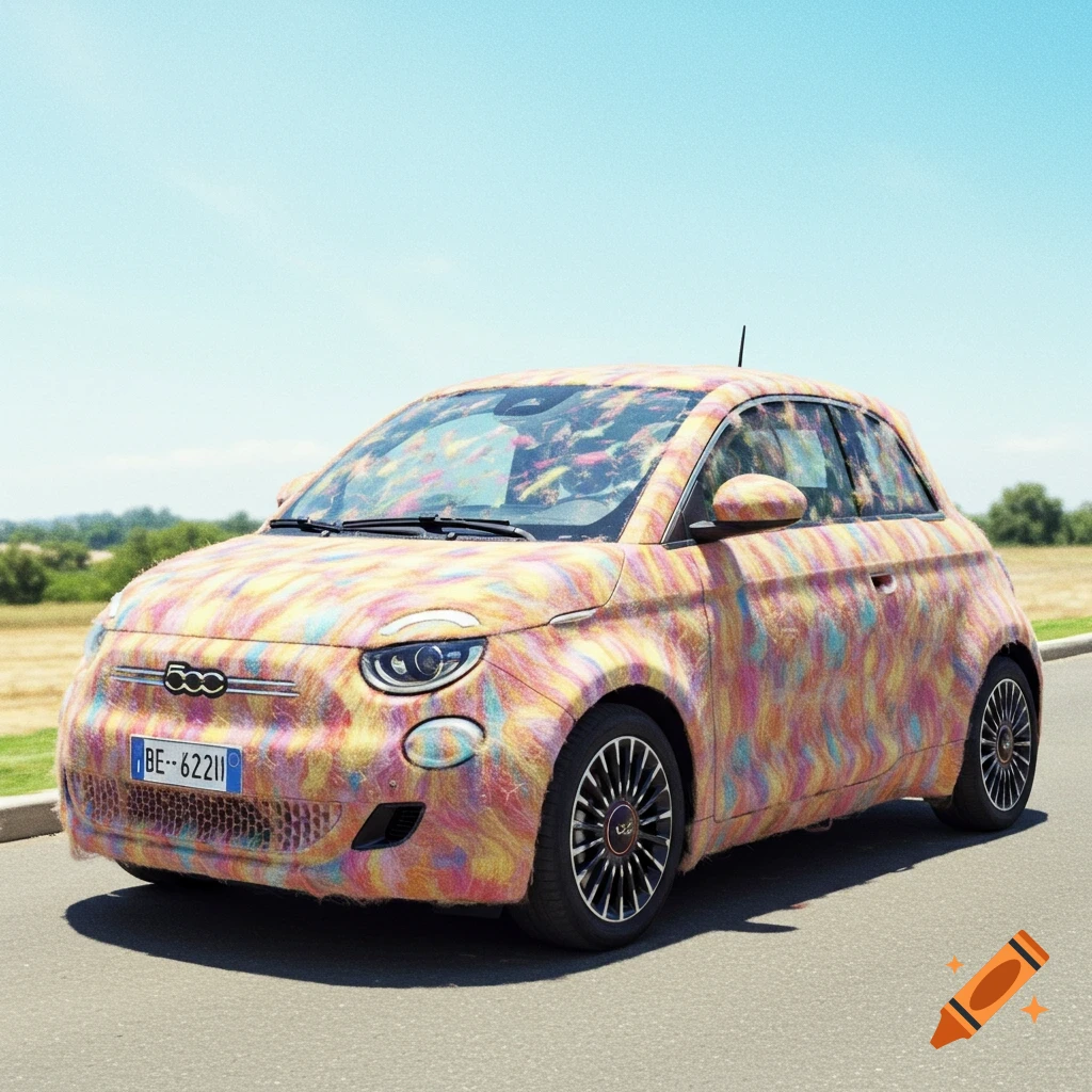 A Fiat 500e car covered in colorful wool texture on a road.