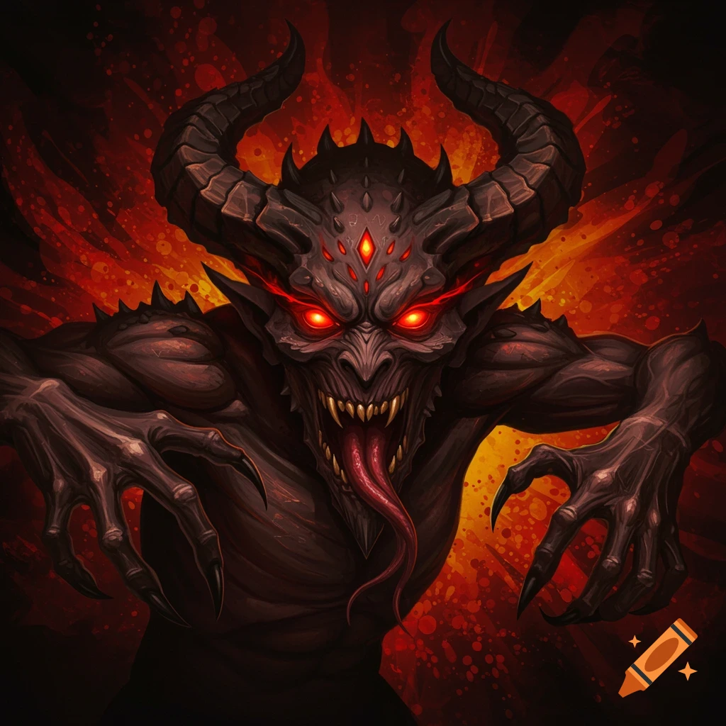 A menacing demon with glowing red eyes, horns, sharp teeth, and a long tongue, with a fiery background.