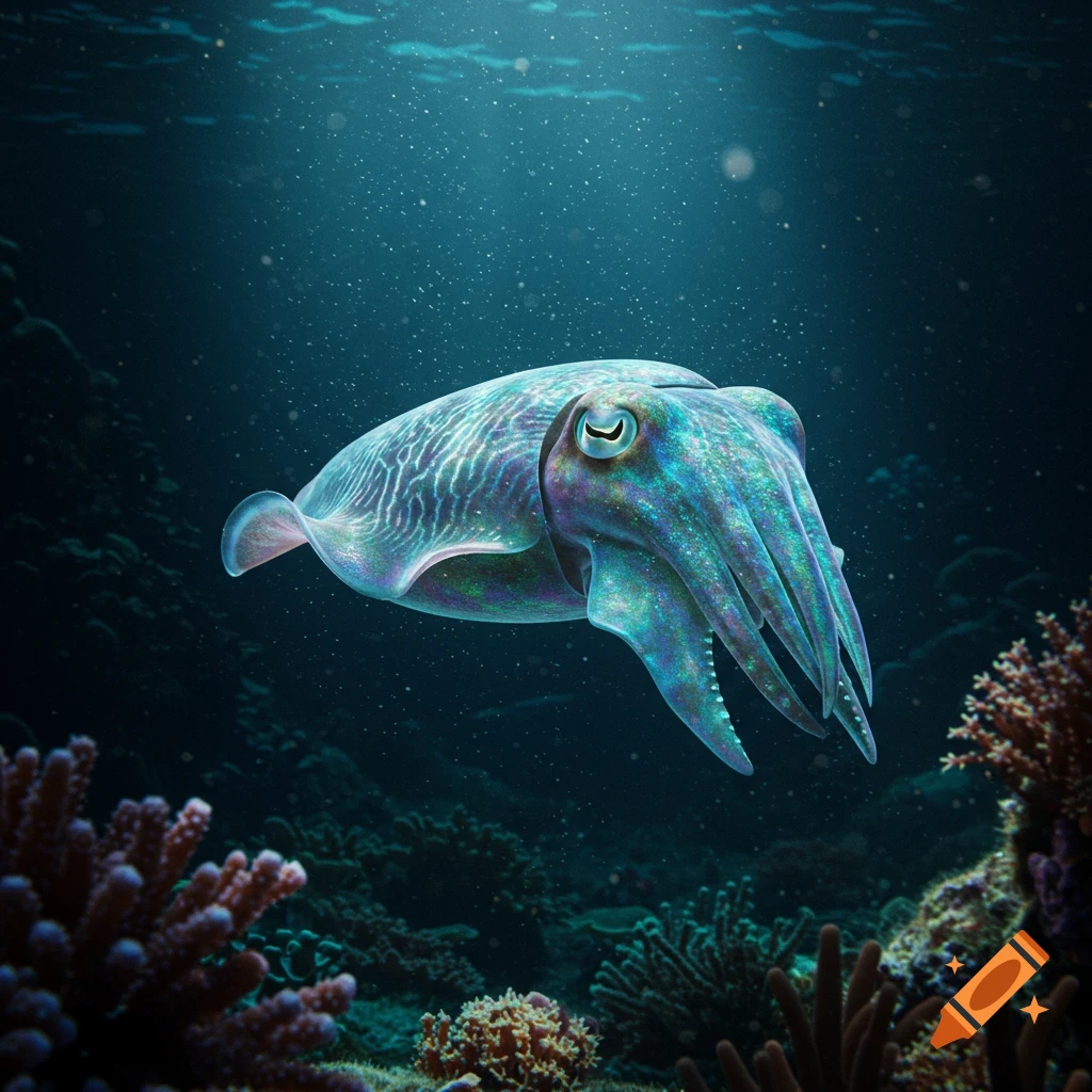 A hyper realistic cuttlefish with colorful patterns swims in deep blue water above a coral reef.