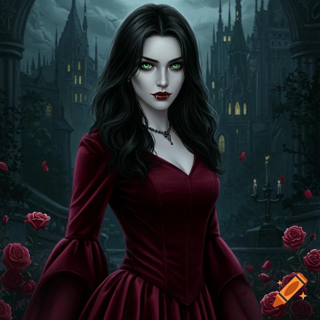 A striking portrait of a vampire woman with long black hair, green eyes, and fangs, wearing a red dress in front of a gothic castle.