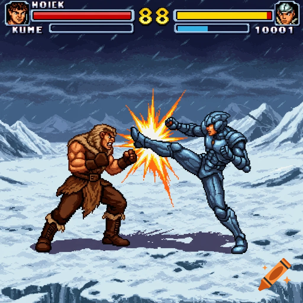 Pixel art fighting game screenshot of two characters fighting in an arctic snowy landscape, with UI elements showing names and scores.