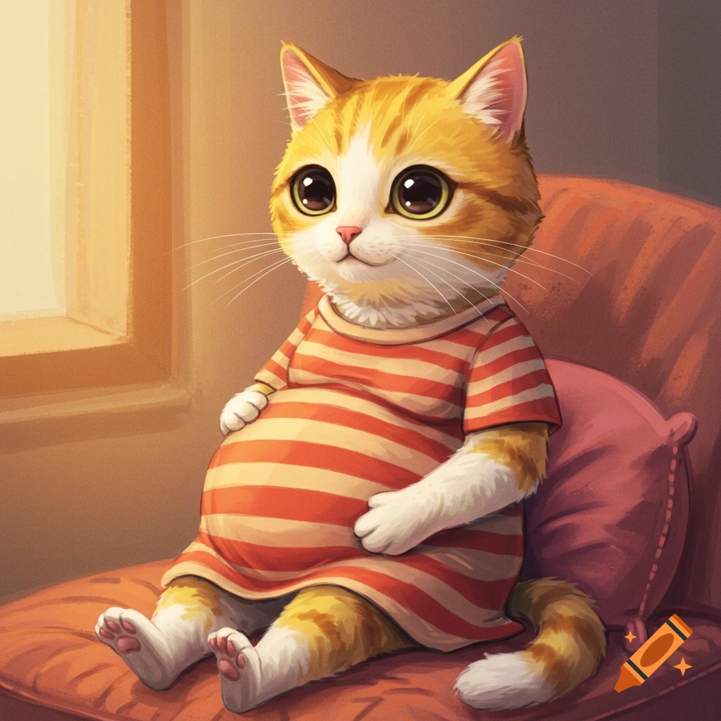 A cartoon pregnant cat wearing a striped shirt, sitting on a chair.