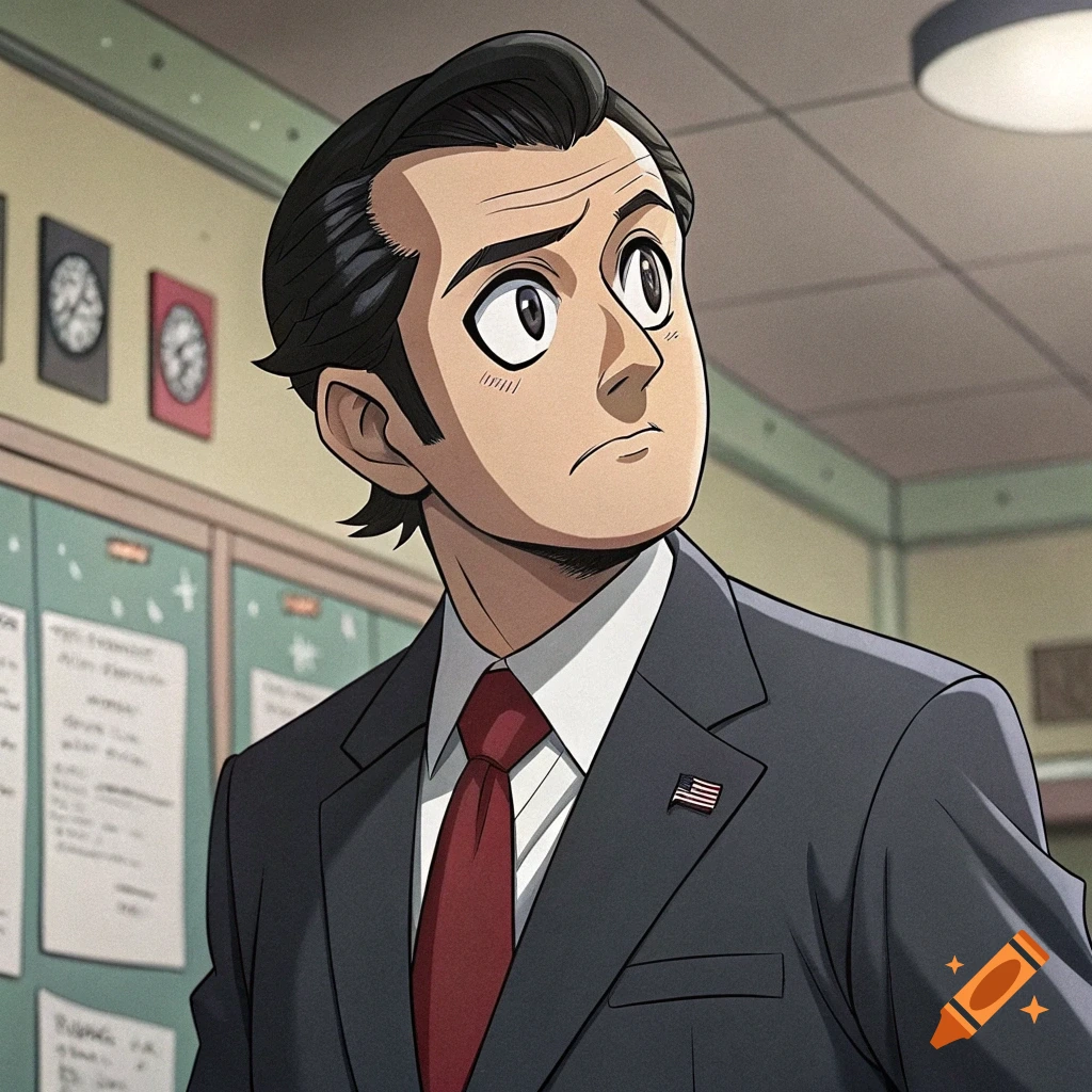 Anime drawing of a person in a suit and tie.