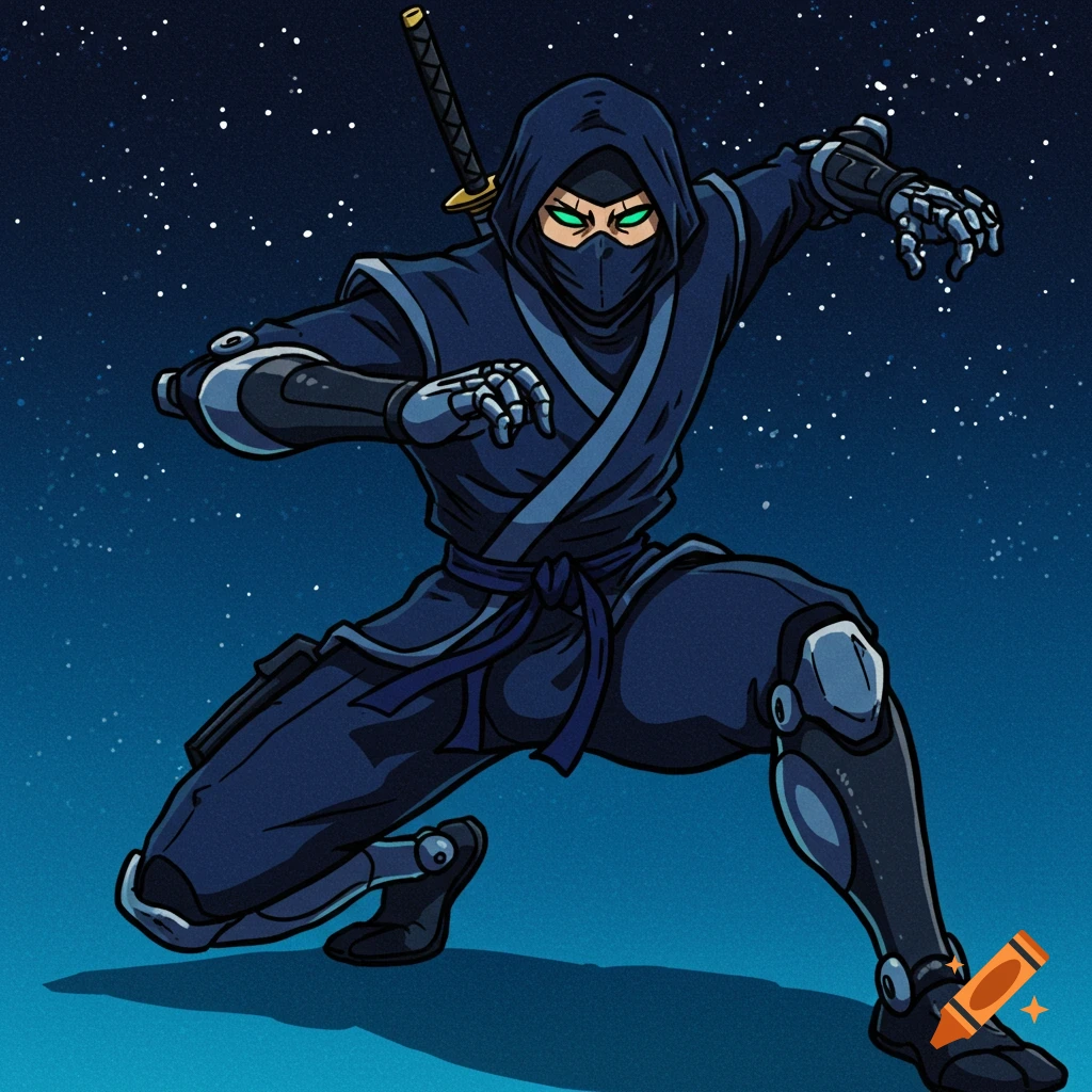 A blue-clad metallic ninja robot in a dynamic pose against a starry sky, in a retro anime style.