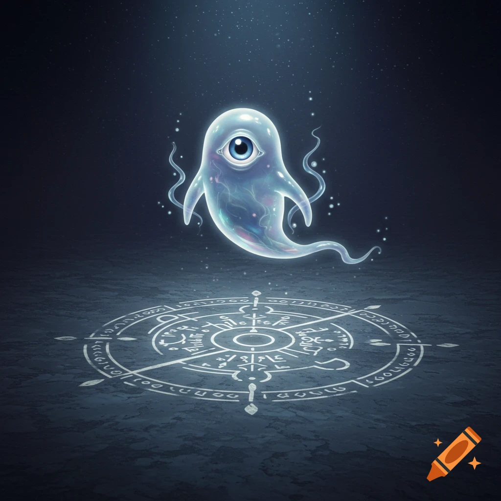 An ethereal one-eyed ghost creature floats above a glowing magic glyph on the ground in a dark scene.