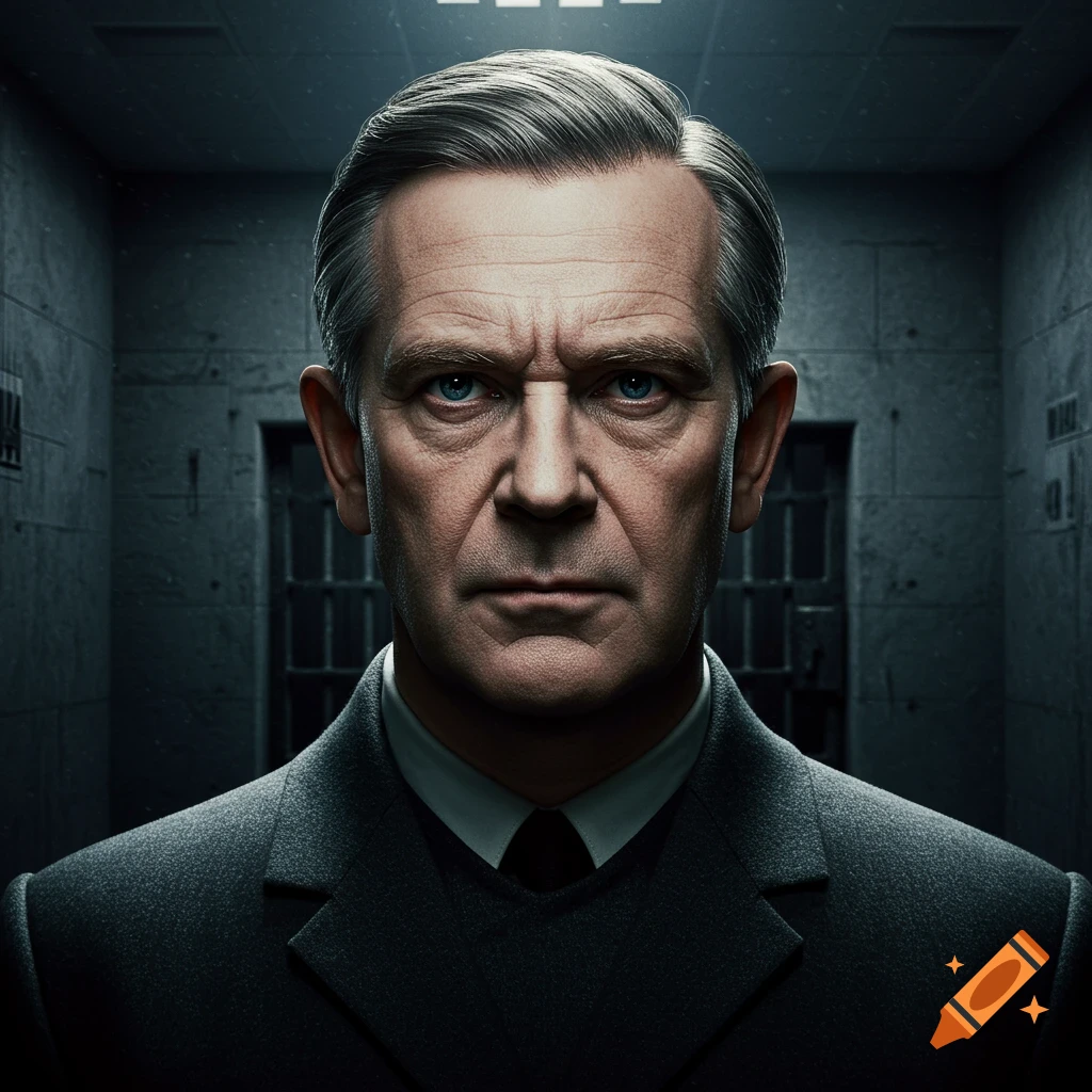 Close-up photorealistic portrait of an older man in a suit with blue eyes, looking serious, in a dark, stark room.