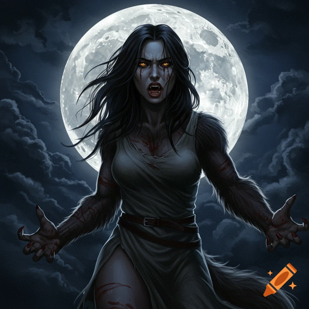 A woman transforming into a werewolf under a full moon.