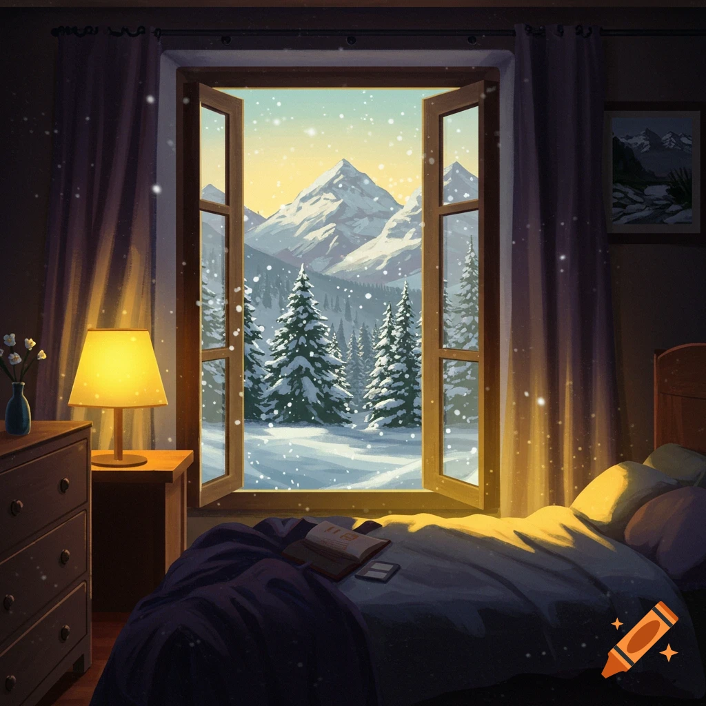 Cozy bedroom looking through a window at a snowy mountain landscape with trees and falling snow.