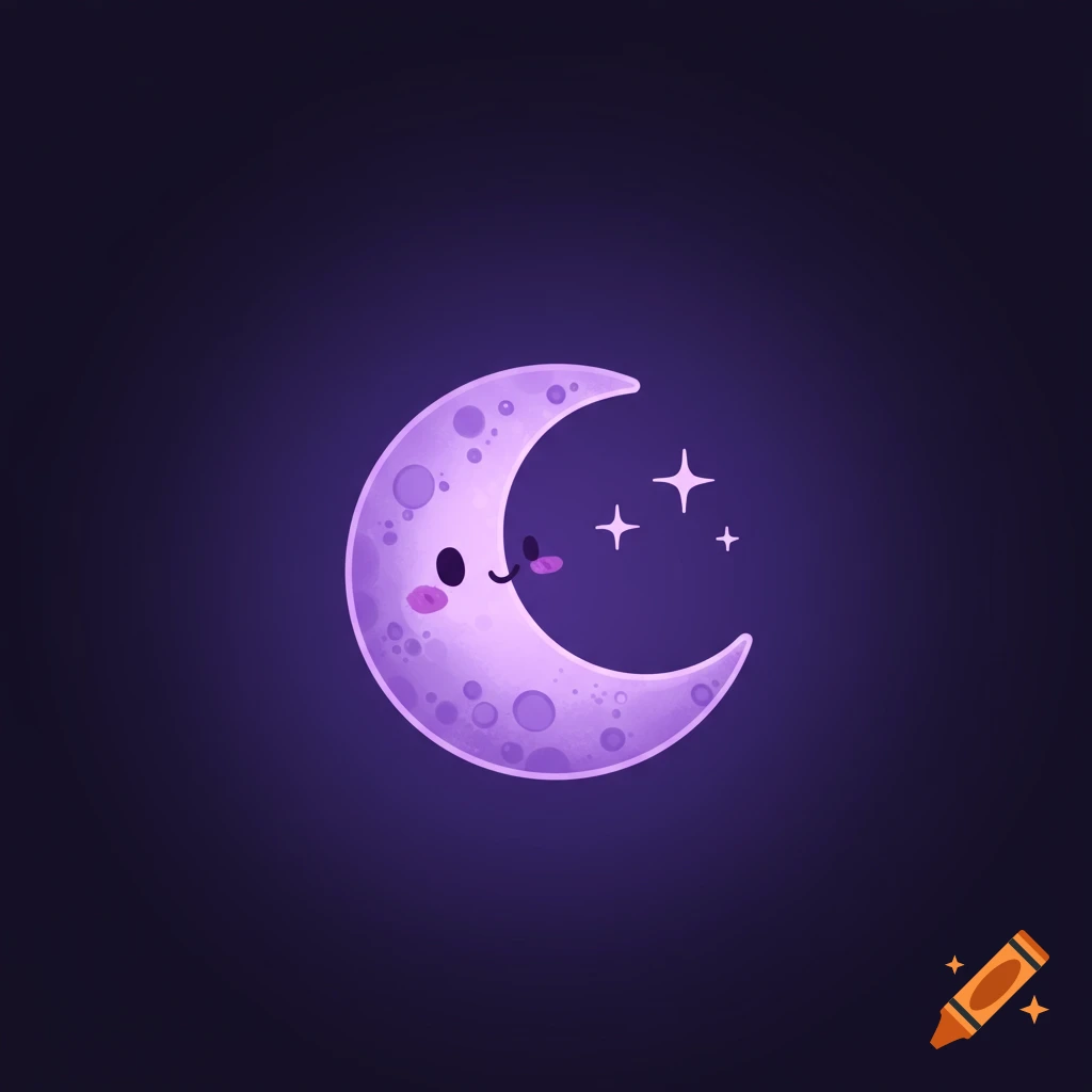 A cute cartoon purple crescent moon with a face and pink cheeks, alongside three stars on a dark purple background.
