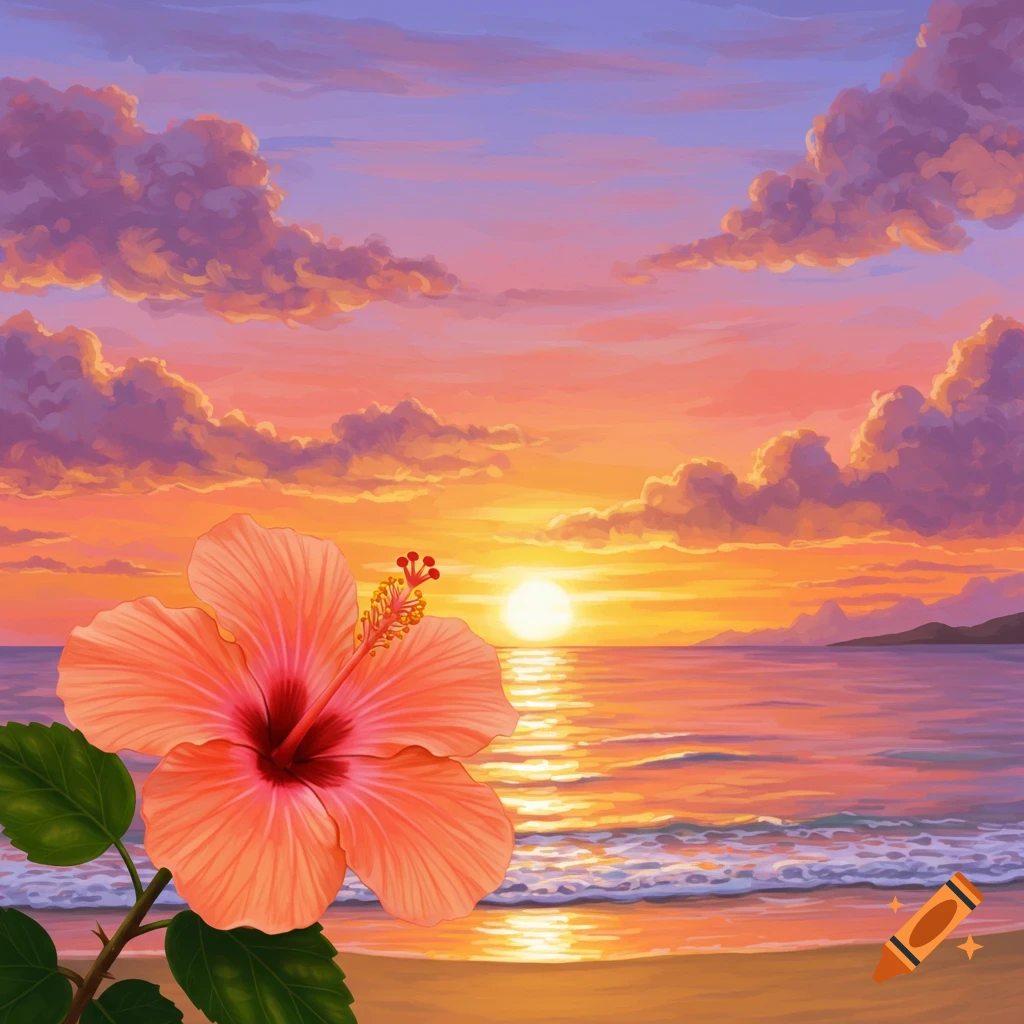 A hibiscus flower on a beach with a sunset.