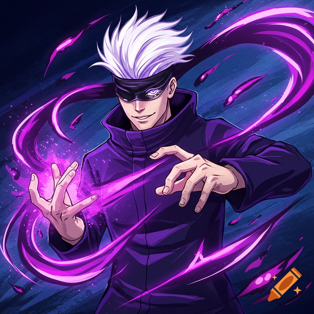 Anime character with white hair and blindfold casting a purple energy attack.