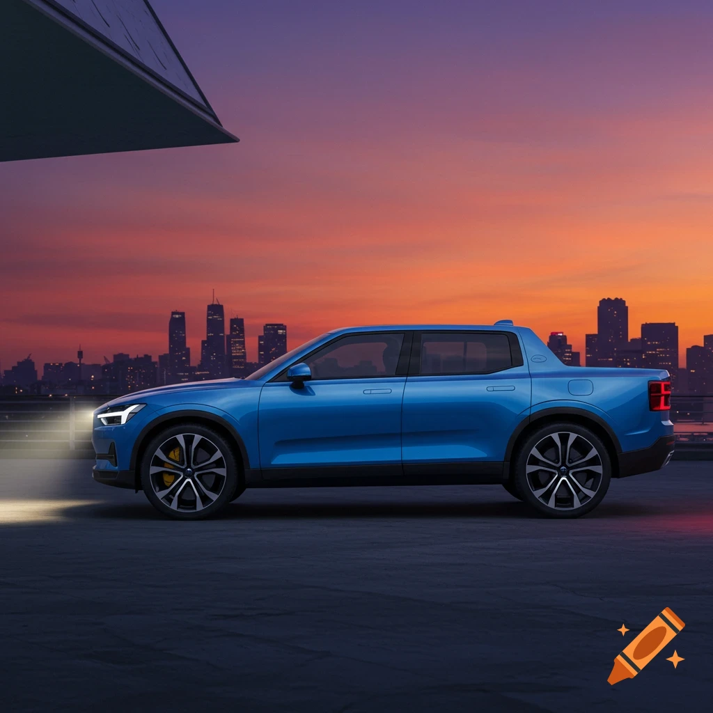 A blue pickup truck parked on a road with a city skyline and colorful sunset in the background.