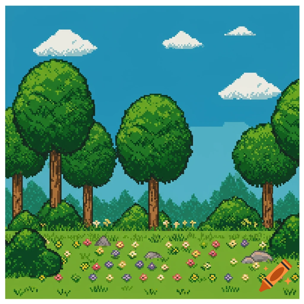 Pixel art landscape of a forest field with trees, bushes, flowers, and clouds.