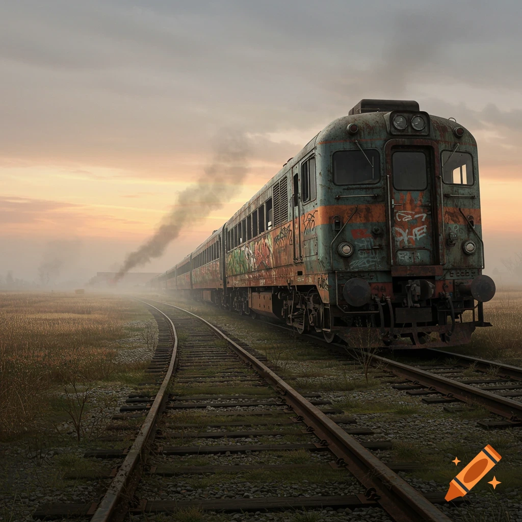 An old train covered in graffiti moves along tracks through a misty field at sunset.