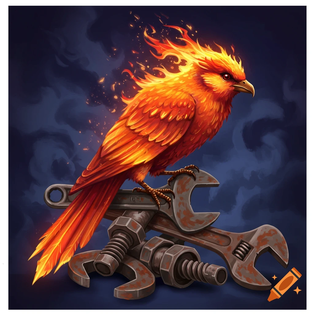 A fiery bird (phoenix) perched on a pile of rusty wrenches.