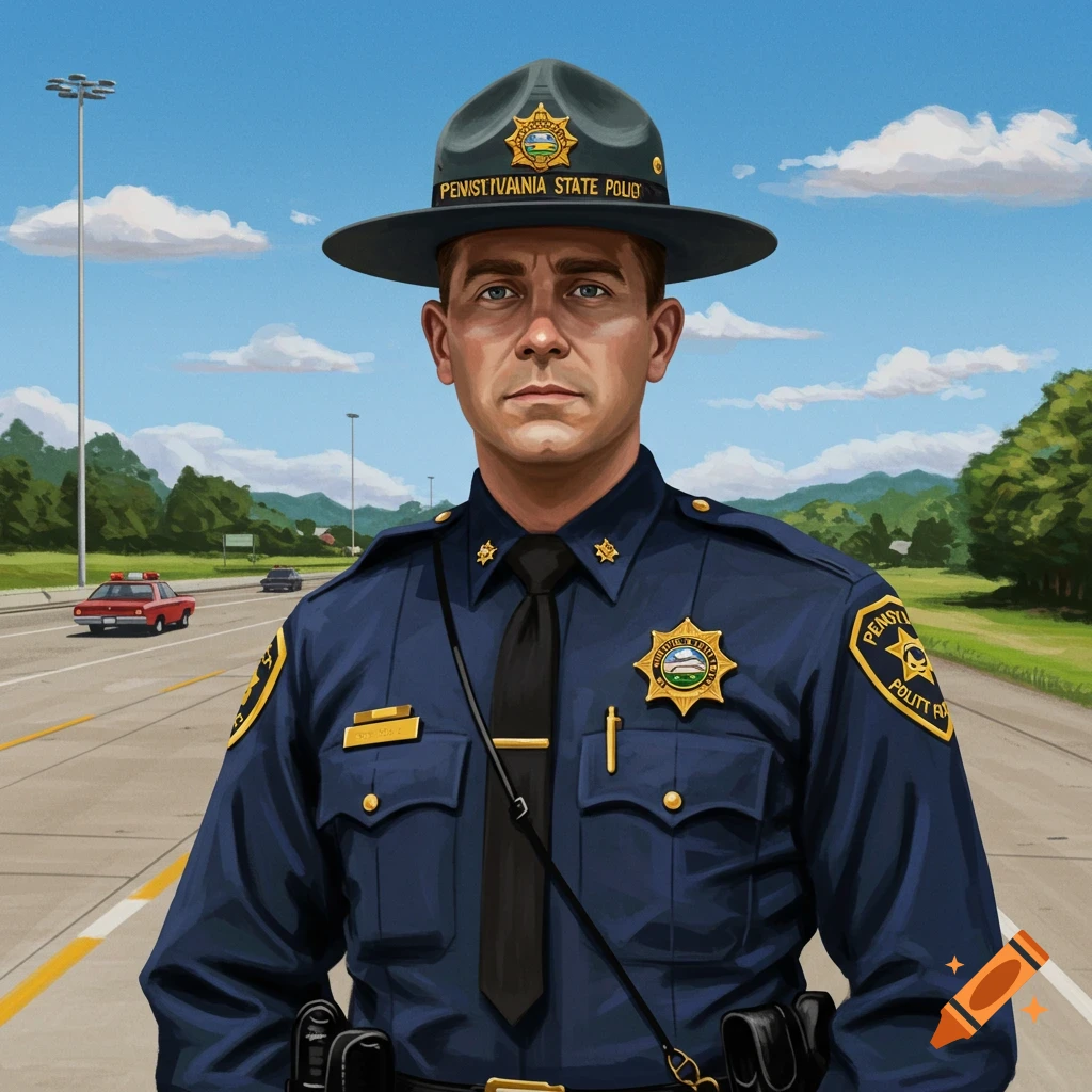 A Pennsylvania state trooper in uniform standing on a highway.