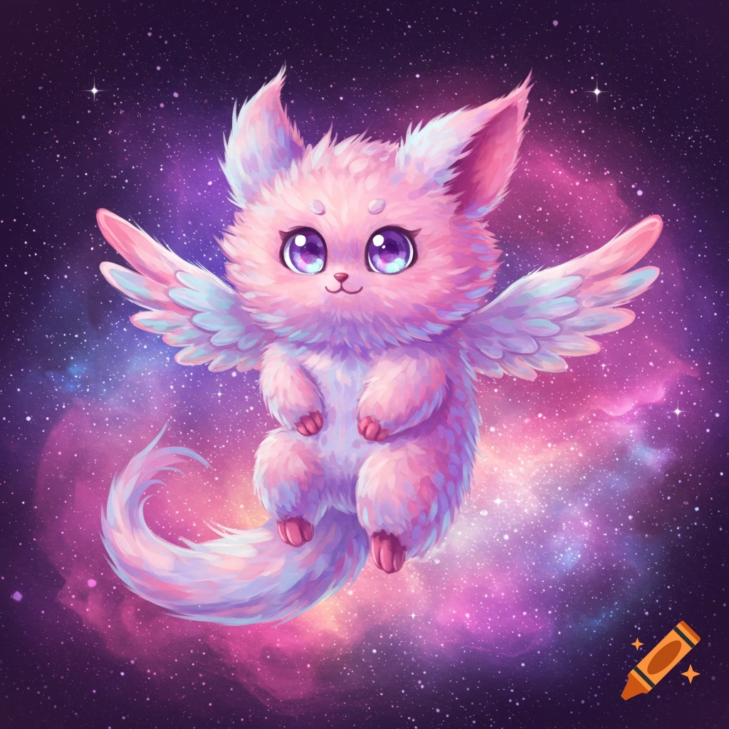 A cute pink fluffy creature with wings floats in space with stars.