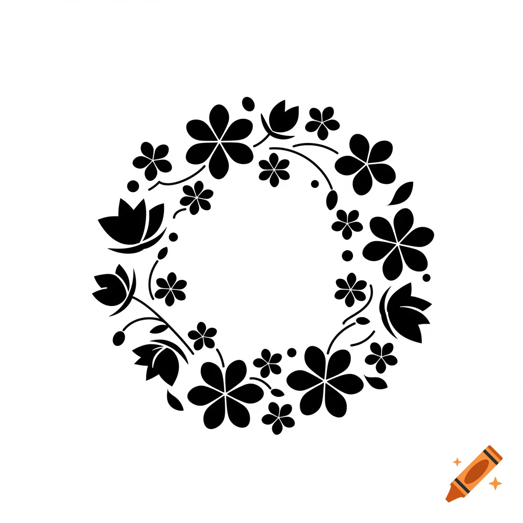Black and white floral wreath design.