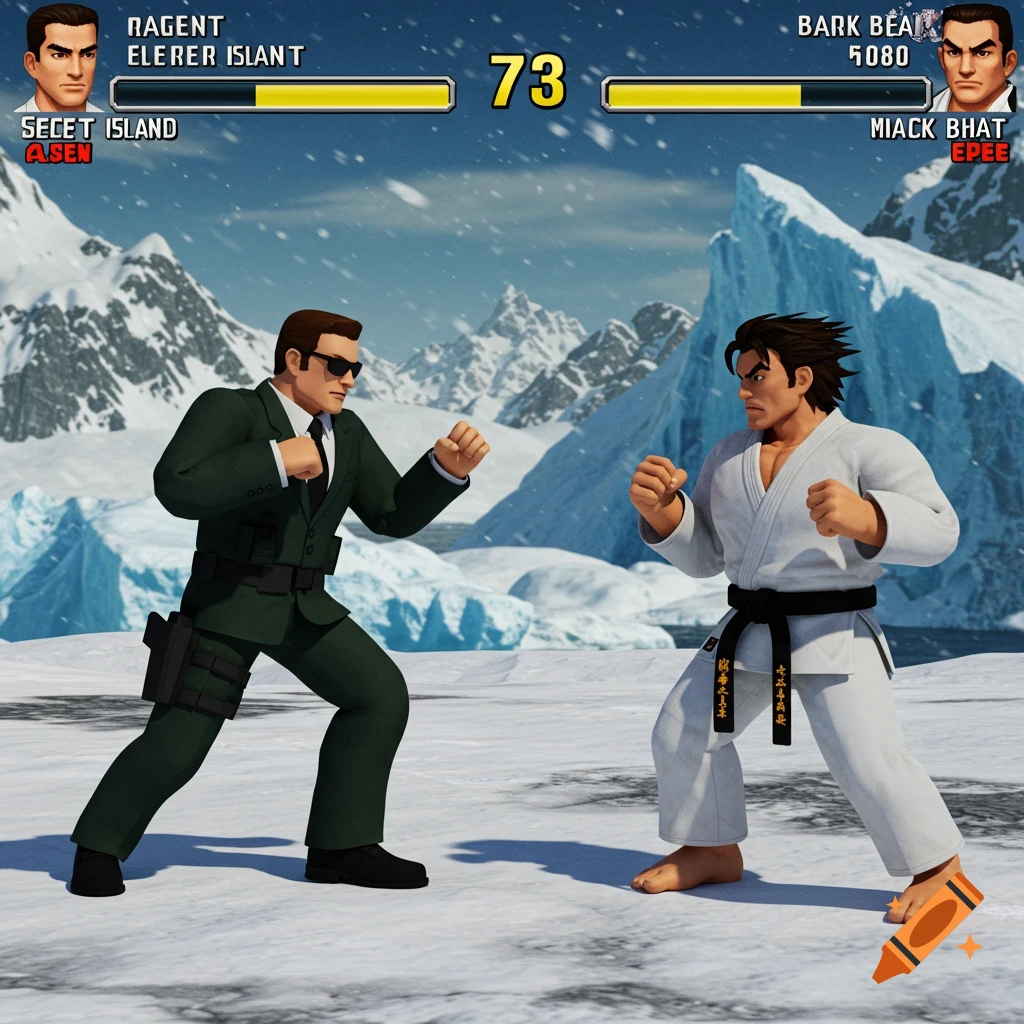 Screenshot of a 3D fighting game, a secret agent fights a karate blackbelt in a snowy landscape.